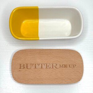 Talisman Designs Butter Me Up Stoneware Natural Beechwood Lid Butter Dish Yellow